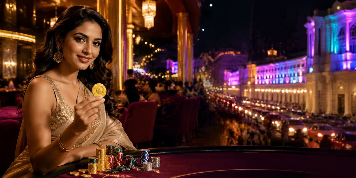 Neon-lit Connaught Place in Delhi with lottery and betting themes